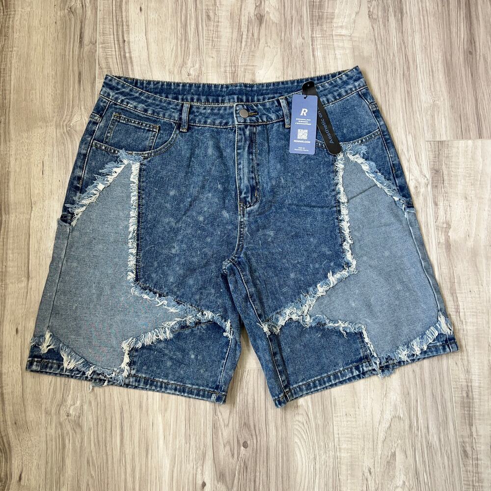 ROMWE Men's Casual Denim Shorts With 5-Point Star Patchatch Size 36